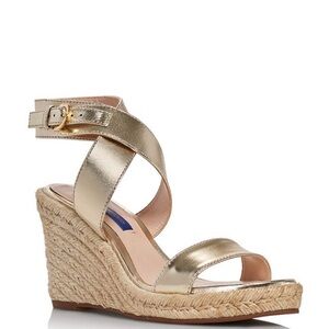 Stuart Weitzman “Lexia” Platino (Soft Gold) Metallic Ankle-Strap Sandals